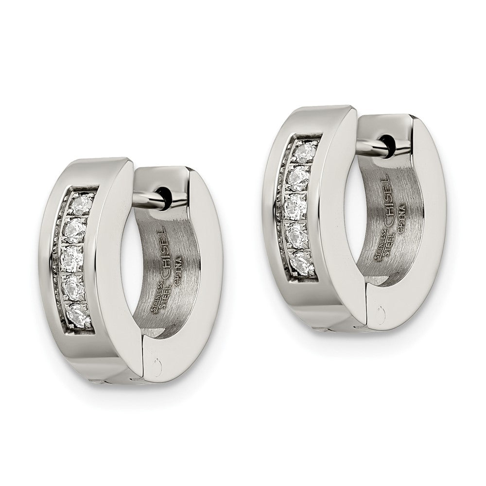 SRE342 Chisel Stainless Steel Polished with CZ 4mm Hinged Hoop Earrings