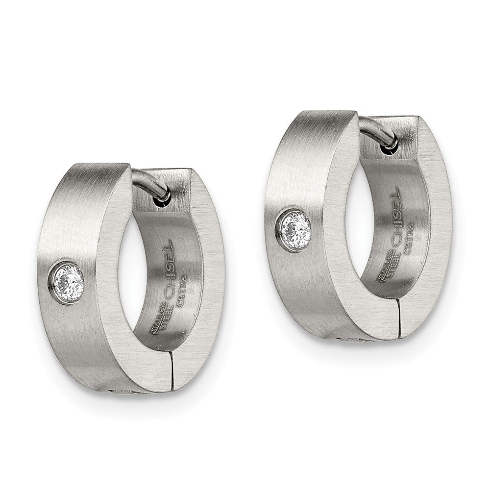 SRE343 Chisel Stainless Steel Brushed with CZ 4mm Hinged Hoop Earrings