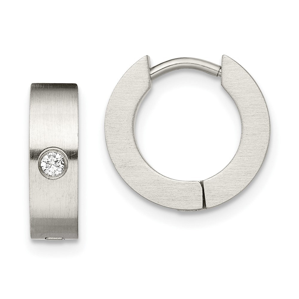 SRE343 Chisel Stainless Steel Brushed with CZ 4mm Hinged Hoop Earrings