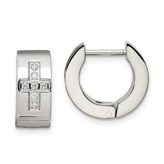 SRE349 Chisel Stainless Steel Brushed and Polished with CZ Cross 6mm Hinged Hoop Earrings