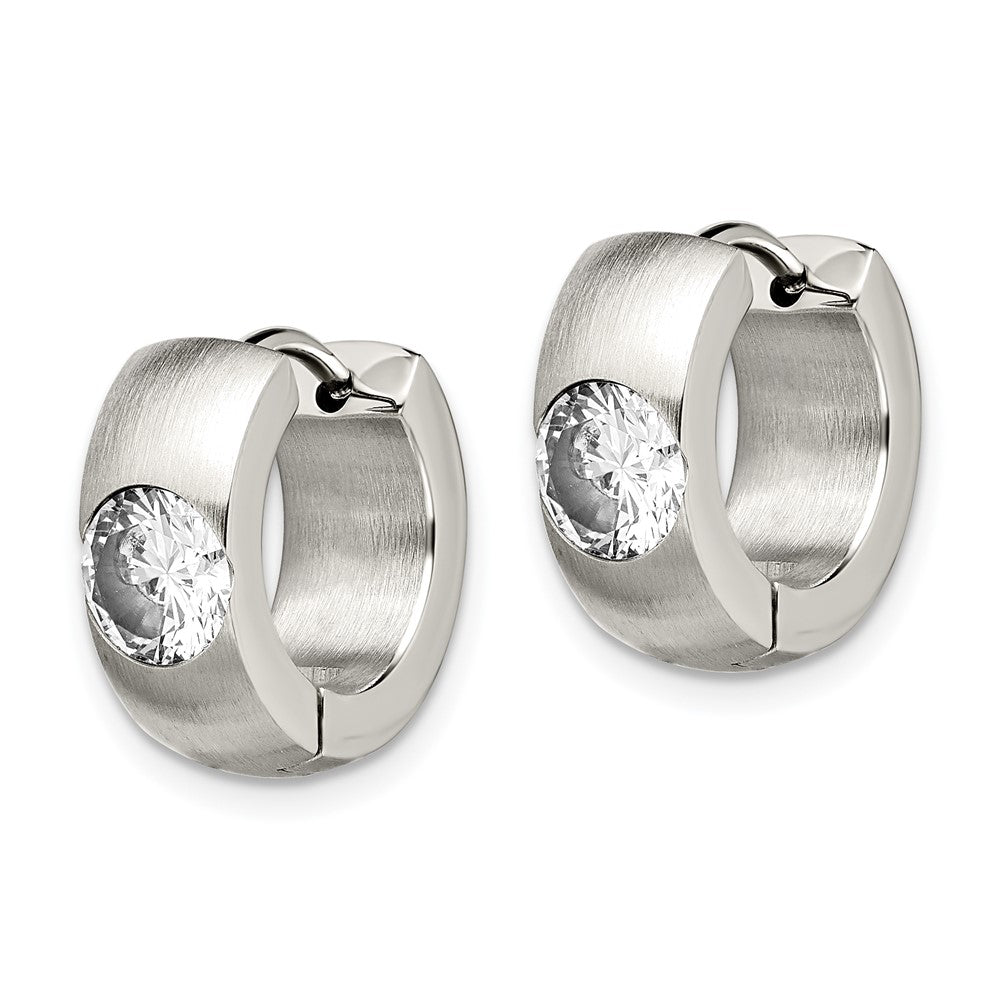 SRE356 Chisel Stainless Steel Brushed and Polished with CZ Round 7mm Hinged Hoop Earrings