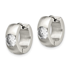 SRE356 Chisel Stainless Steel Brushed and Polished with CZ Round 7mm Hinged Hoop Earrings