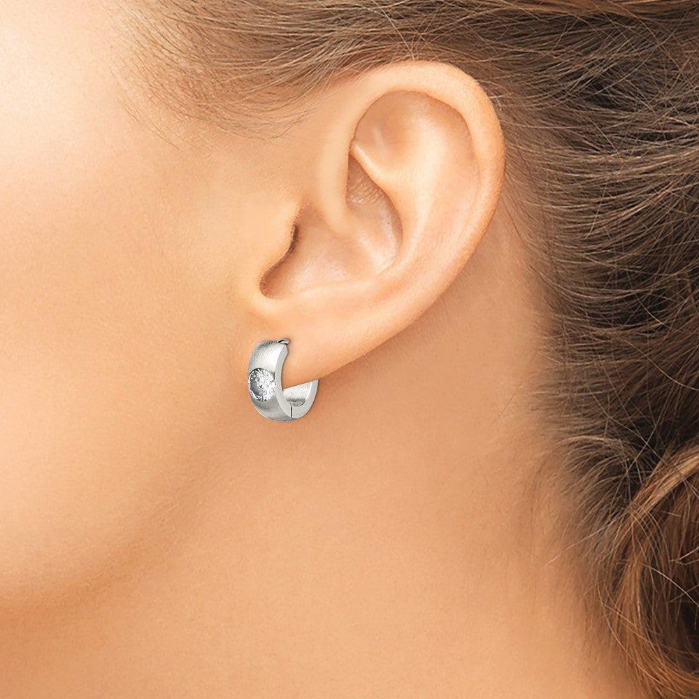 SRE356 Chisel Stainless Steel Brushed and Polished with CZ Round 7mm Hinged Hoop Earrings