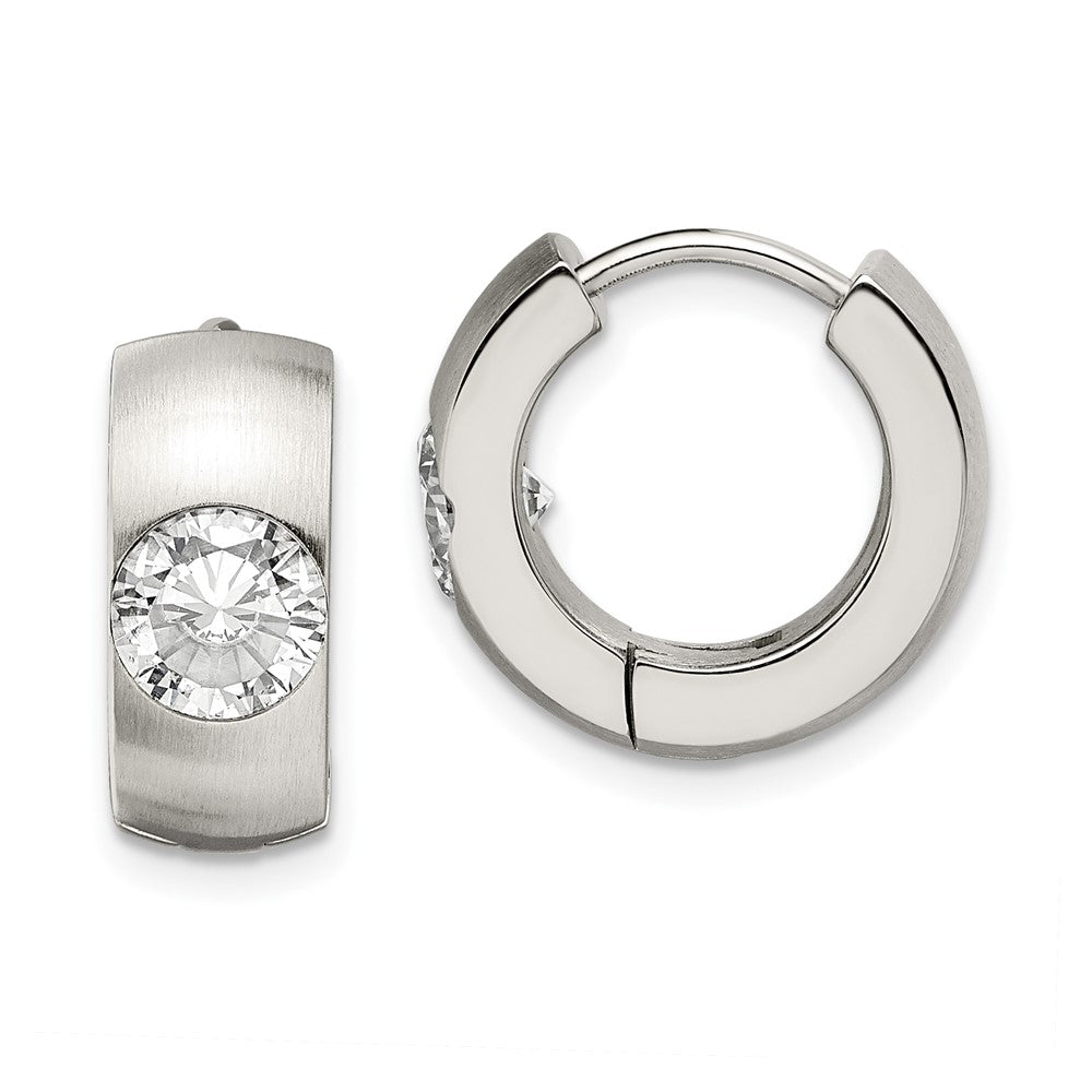 SRE356 Chisel Stainless Steel Brushed and Polished with CZ Round 7mm Hinged Hoop Earrings