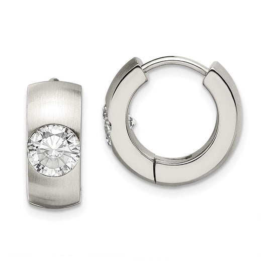 SRE356 Chisel Stainless Steel Brushed and Polished with CZ Round 7mm Hinged Hoop Earrings