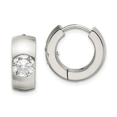 SRE356 Chisel Stainless Steel Brushed and Polished with CZ Round 7mm Hinged Hoop Earrings