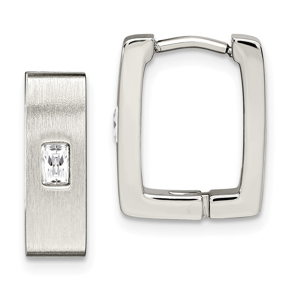 SRE365 Chisel Stainless Steel Brushed and Polished with CZ 5mm Square Hinged Earrings