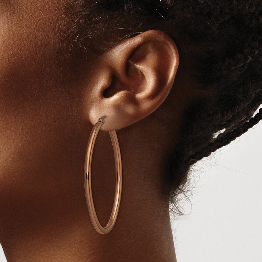 SRE404 Chisel Stainless Steel Polished Brown IP-plated 50mm Diameter 3mm Oval Hoop Earrings
