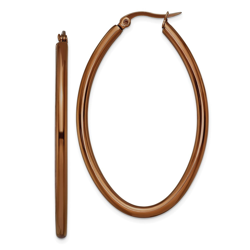SRE404 Chisel Stainless Steel Polished Brown IP-plated 50mm Diameter 3mm Oval Hoop Earrings
