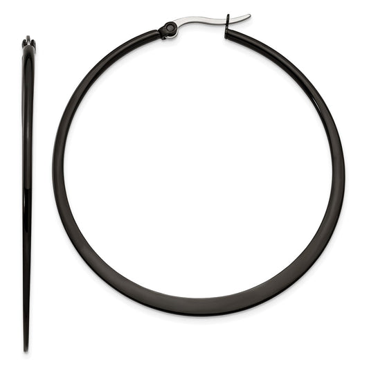 SRE417 Chisel Stainless Steel Polished Black IP-plated 55mm Diameter 2mm Hoop Earrings