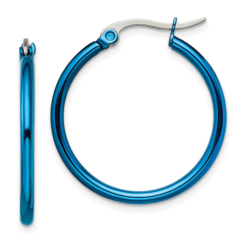 SRE424 Chisel Stainless Steel Polished Blue IP-plated 26mm Diameter 2mm Hoop Earrings