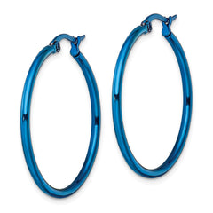 SRE425 Chisel Stainless Steel Polished Blue IP-plated 32mm Diameter 2mm Hoop Earrings