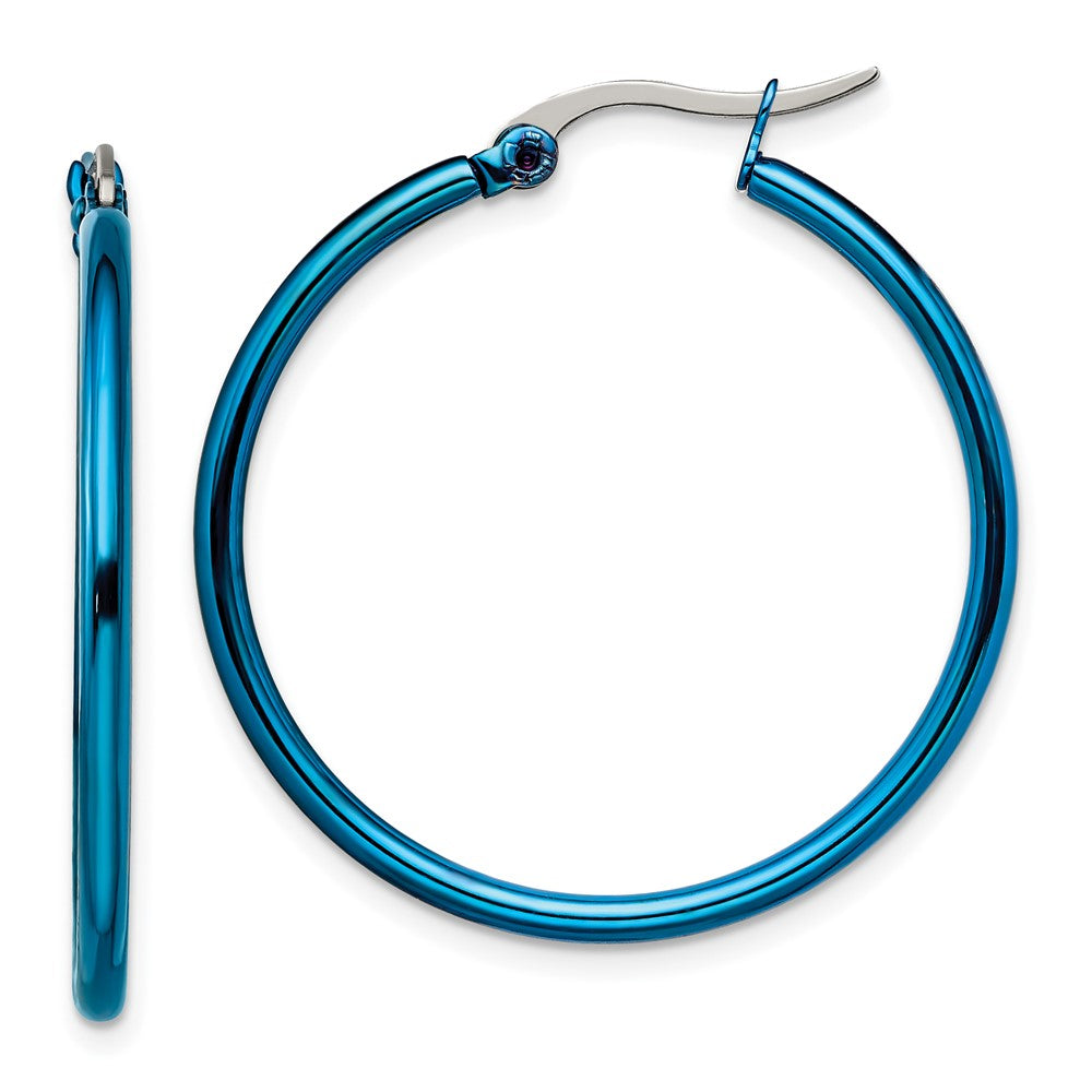 SRE425 Chisel Stainless Steel Polished Blue IP-plated 32mm Diameter 2mm Hoop Earrings