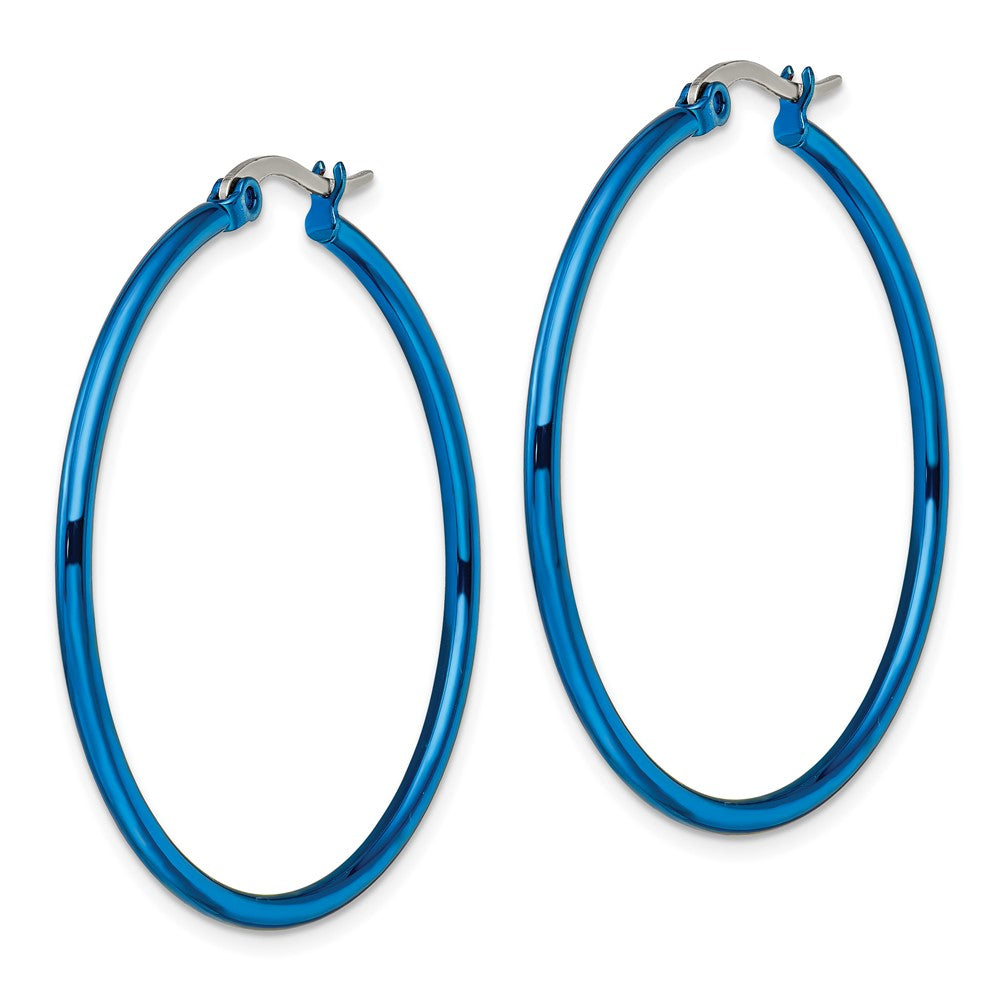 SRE426 Chisel Stainless Steel Polished Blue IP-plated 42mm Diameter 2mm Hoop Earrings