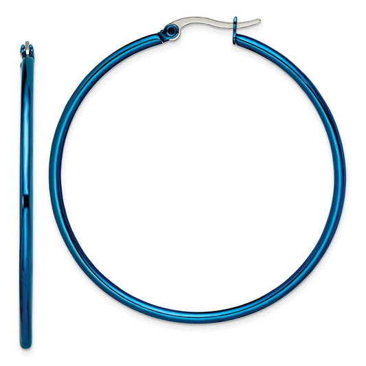SRE427 Chisel Stainless Steel Polished Blue IP-plated 49.5mm Diameter 2mm Hoop Earrings