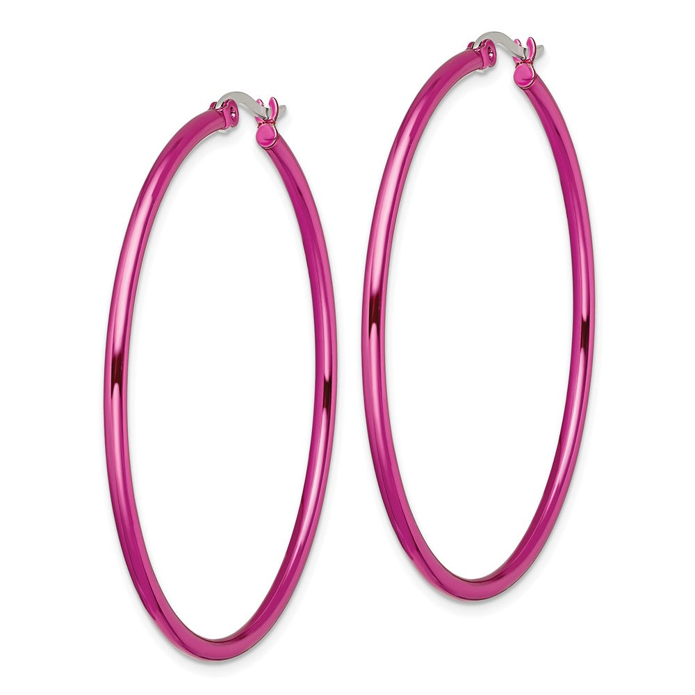 SRE434 Chisel Stainless Steel Polished Pink IP-plated 48mm Diameter 2mm Hoop Earrings