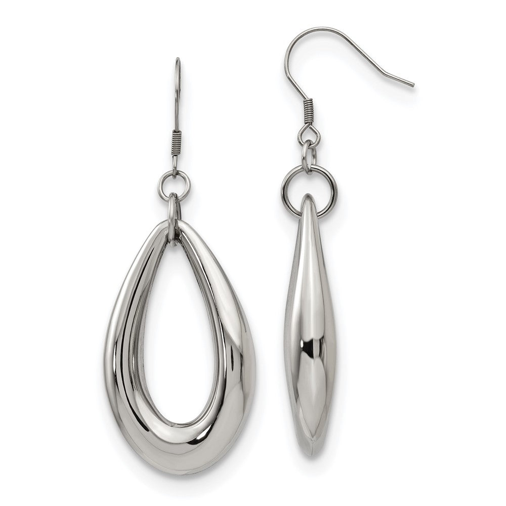 SRE449 Chisel Stainless Steel Polished Teardrop Dangle Shepherd Hook Earrings