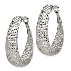 SRE488 Chisel Stainless Steel Polished and Textured Oval Omega Back Hoop Earrings