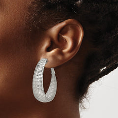 SRE488 Chisel Stainless Steel Polished and Textured Oval Omega Back Hoop Earrings