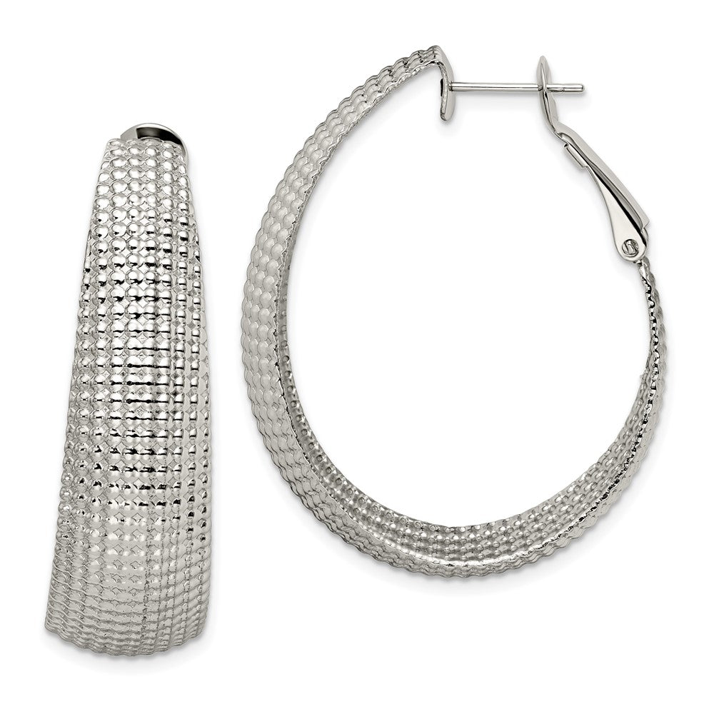 SRE488 Chisel Stainless Steel Polished and Textured Oval Omega Back Hoop Earrings