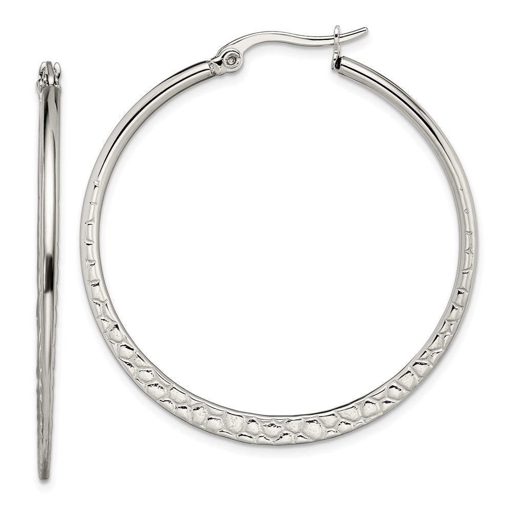 SRE494 Chisel Stainless Steel Polished and Textured 40mm Diameter Hoop Earrings