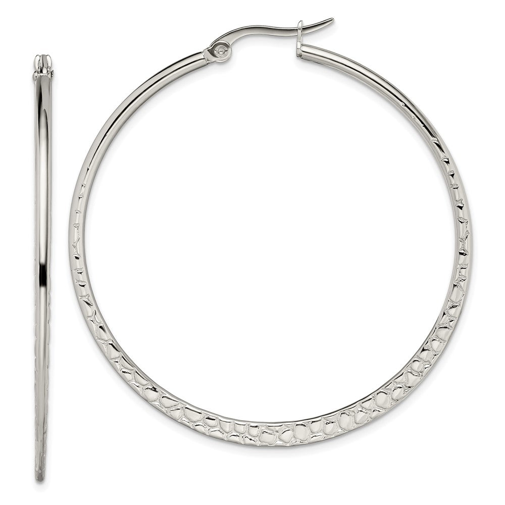 SRE495 Chisel Stainless Steel Polished and Textured 50mm Diameter Hoop Earrings