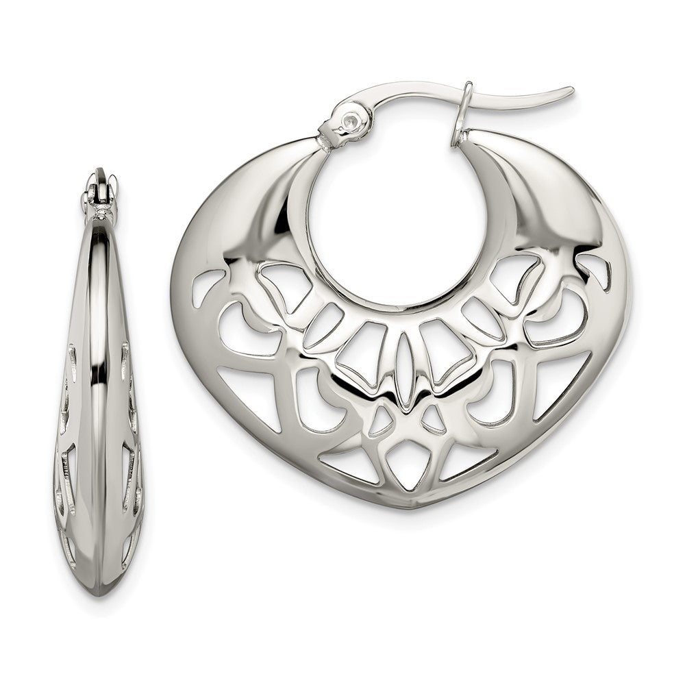 SRE508 Chisel Stainless Steel Polished Fancy Cut out 30mm Diameter Hoop Earrings