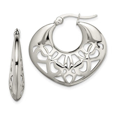 SRE508 Chisel Stainless Steel Polished Fancy Cut out 30mm Diameter Hoop Earrings