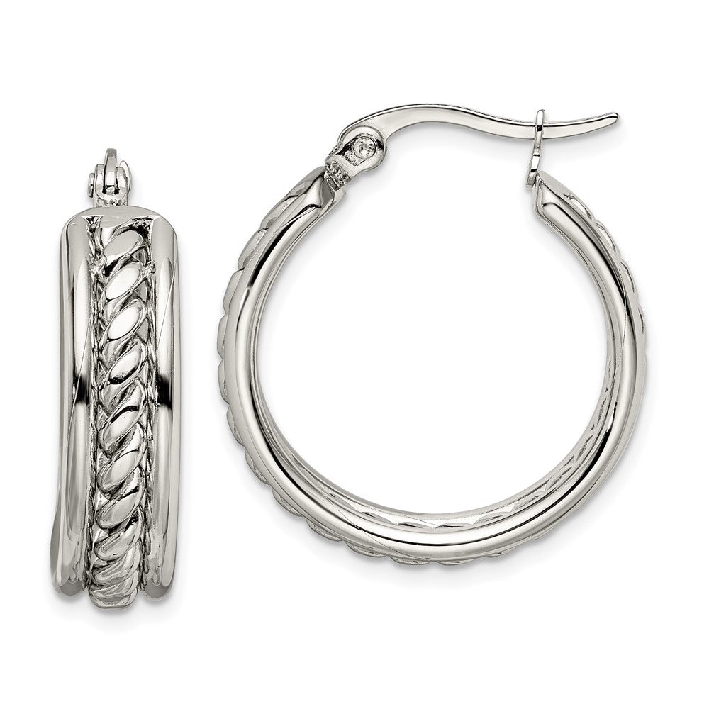 SRE510 Chisel Stainless Steel Polished Twisted Middle 25mm Diameter Hoop Earrings