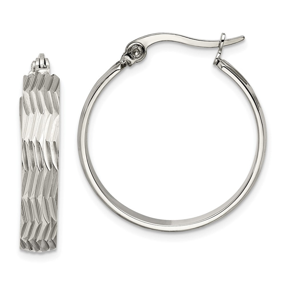 SRE512 Chisel Stainless Steel Polished and Textured Hoop Earrings