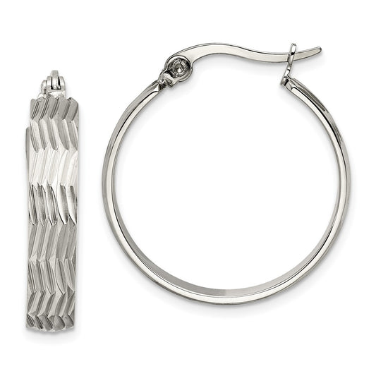 SRE512 Chisel Stainless Steel Polished and Textured Hoop Earrings
