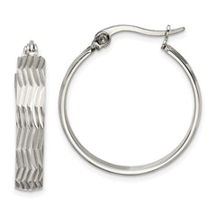 SRE512 Chisel Stainless Steel Polished and Textured Hoop Earrings
