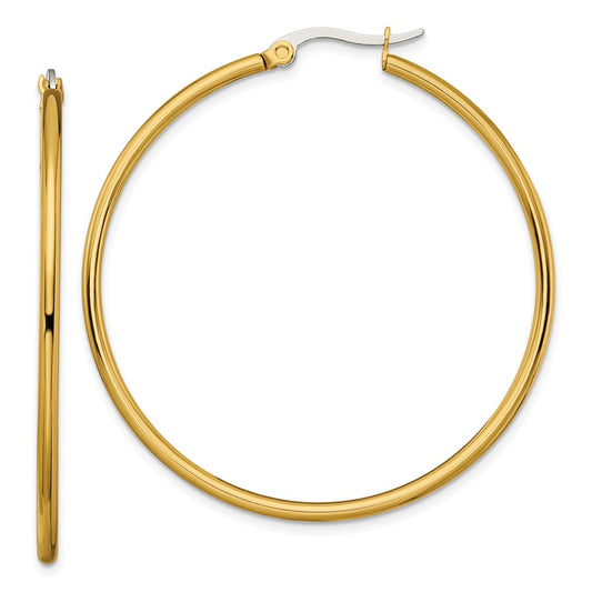 SRE562 Chisel Stainless Steel Polished Yellow IP-plated 48mm Diameter 2mm Hoop Earrings