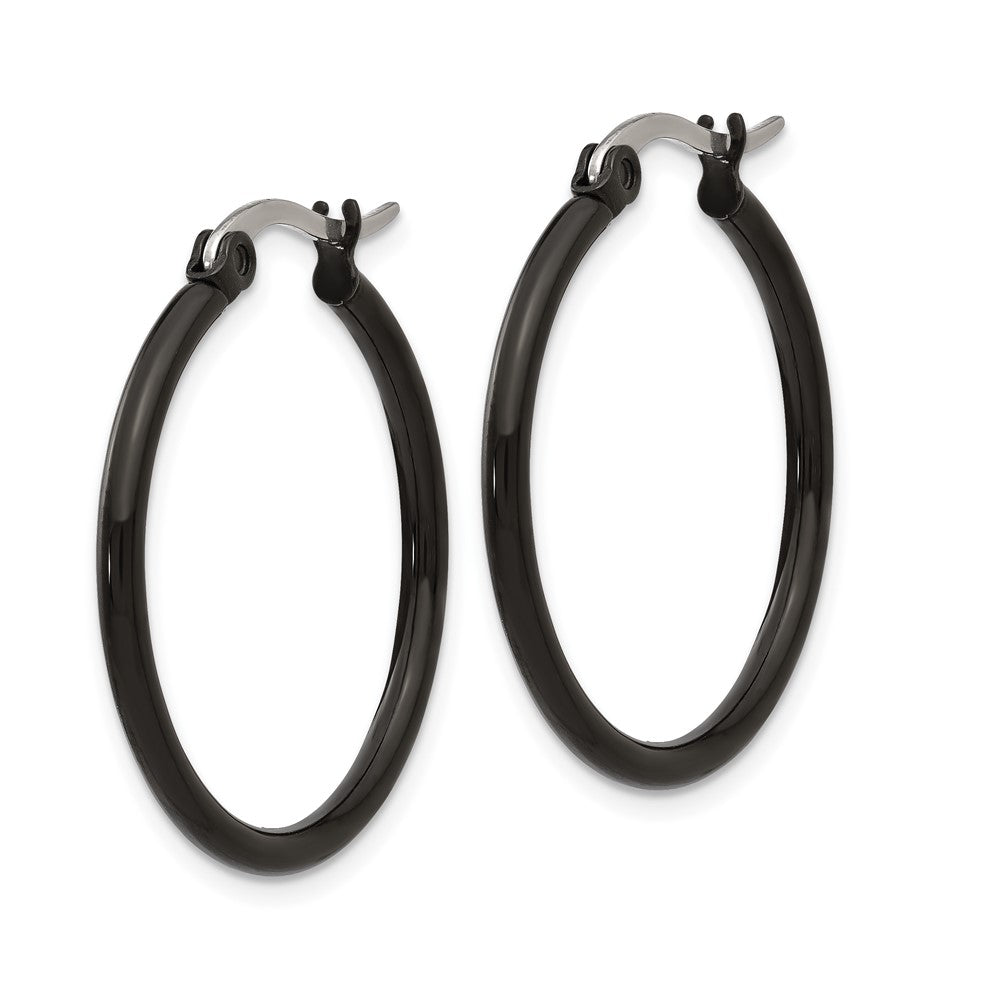 SRE566 Chisel Stainless Steel Polished Black IP-plated 26mm Diameter 2mm Hoop Earrings