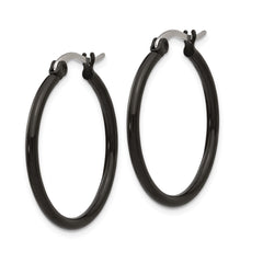 SRE566 Chisel Stainless Steel Polished Black IP-plated 26mm Diameter 2mm Hoop Earrings