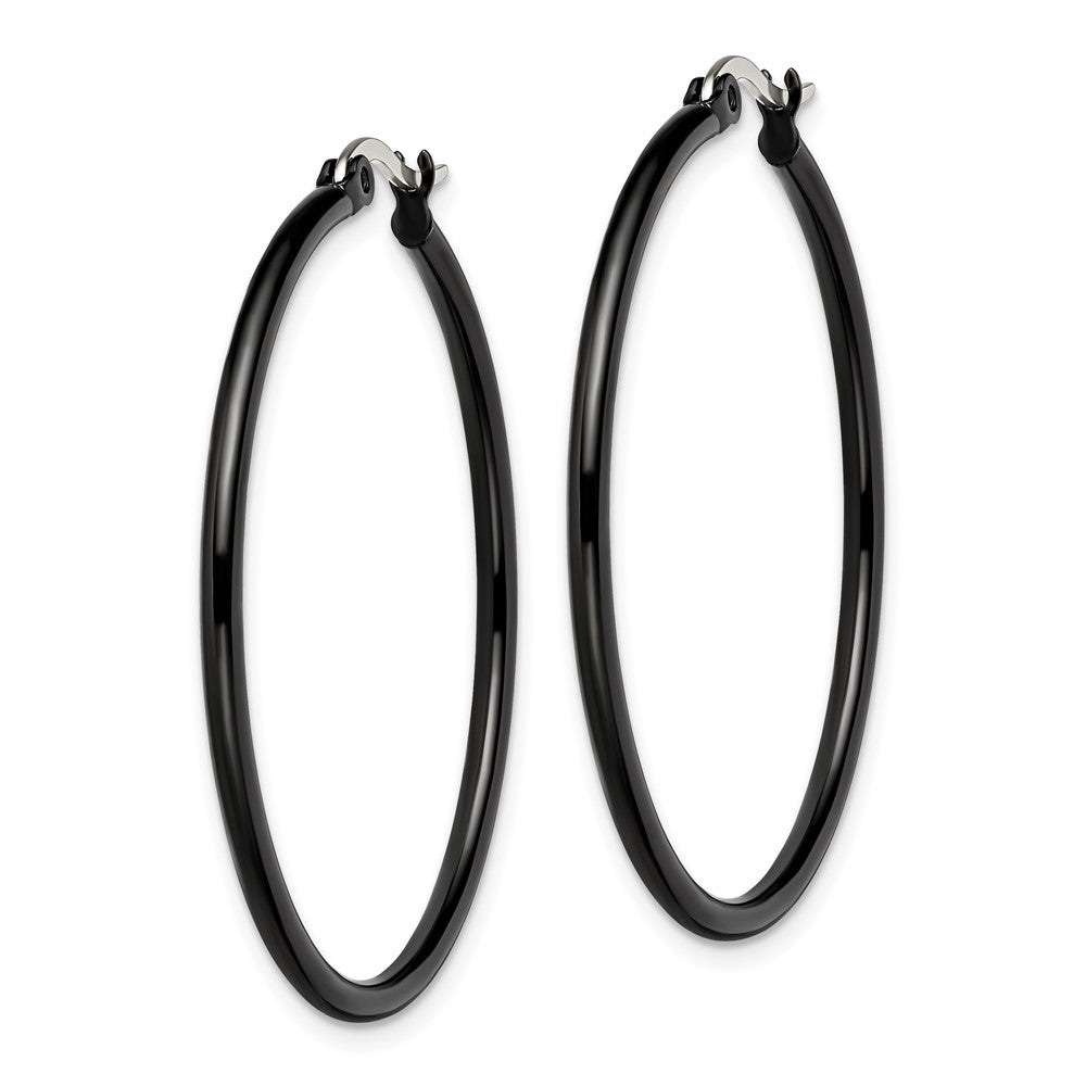 SRE568 Chisel Stainless Steel Polished Black IP-plated 40mm Diameter 2mm Hoop Earrings