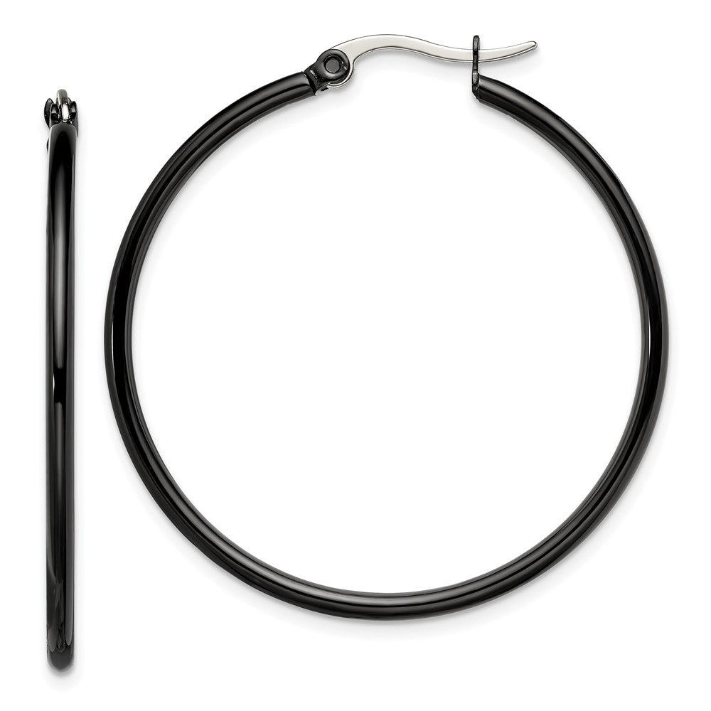 SRE568 Chisel Stainless Steel Polished Black IP-plated 40mm Diameter 2mm Hoop Earrings
