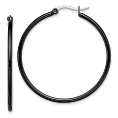SRE568 Chisel Stainless Steel Polished Black IP-plated 40mm Diameter 2mm Hoop Earrings