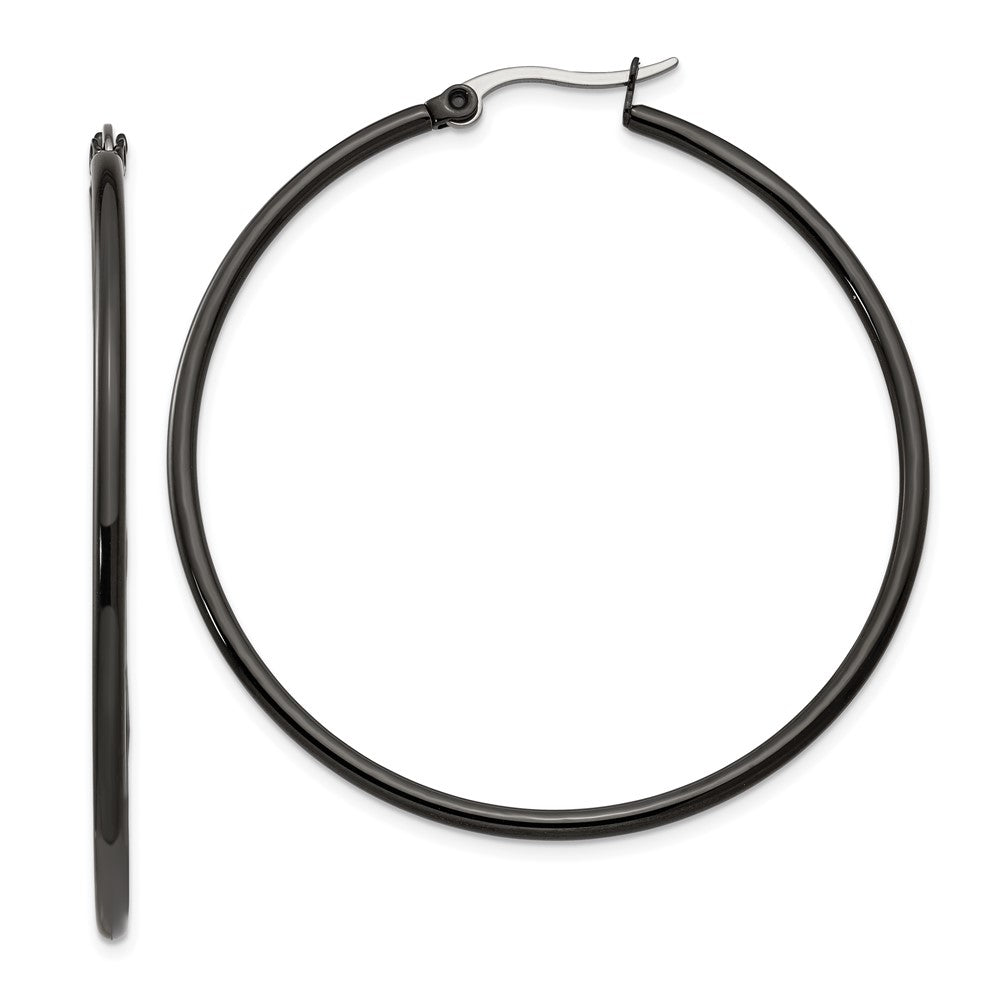 SRE569 Chisel Stainless Steel Polished Black IP-plated 48mm Diameter 2mm Hoop Earrings