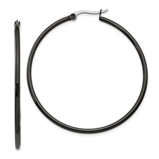 SRE569 Chisel Stainless Steel Polished Black IP-plated 48mm Diameter 2mm Hoop Earrings