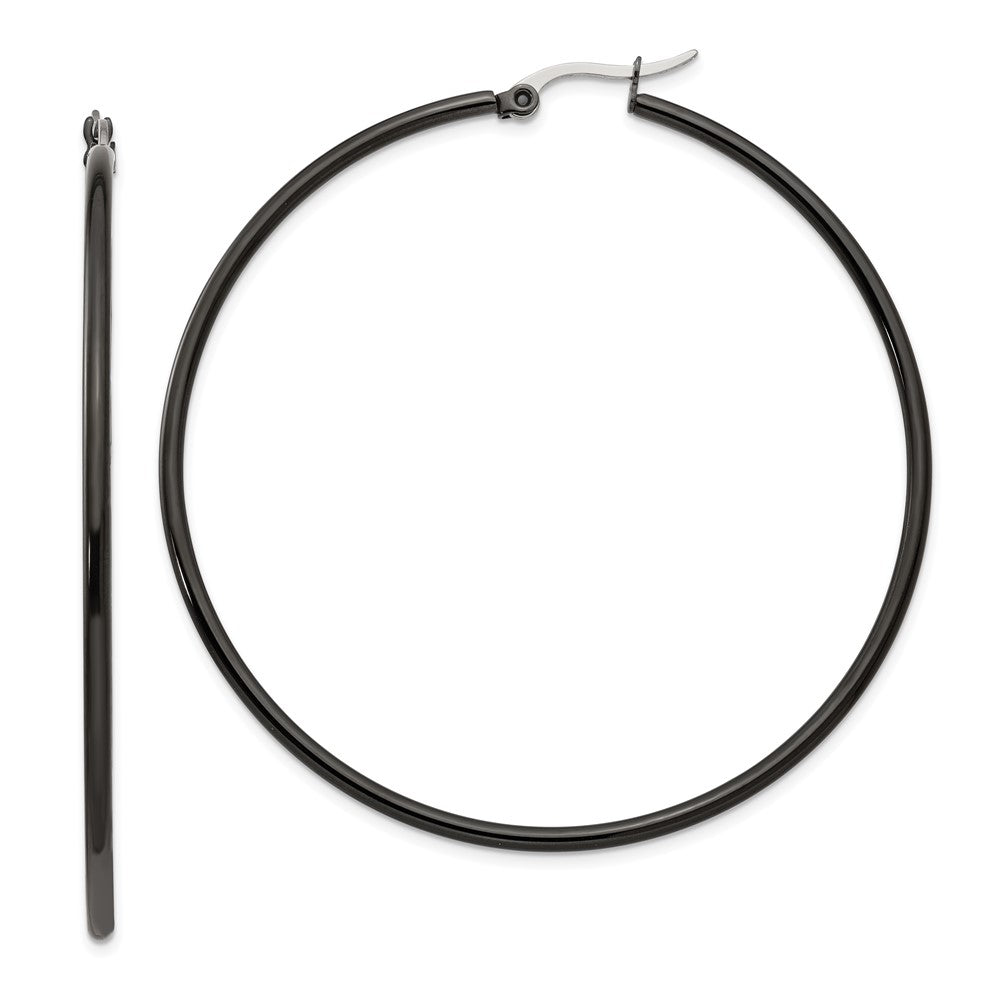 SRE570 Chisel Stainless Steel Polished Black IP-plated 60mm Diameter 2mm Hoop Earrings