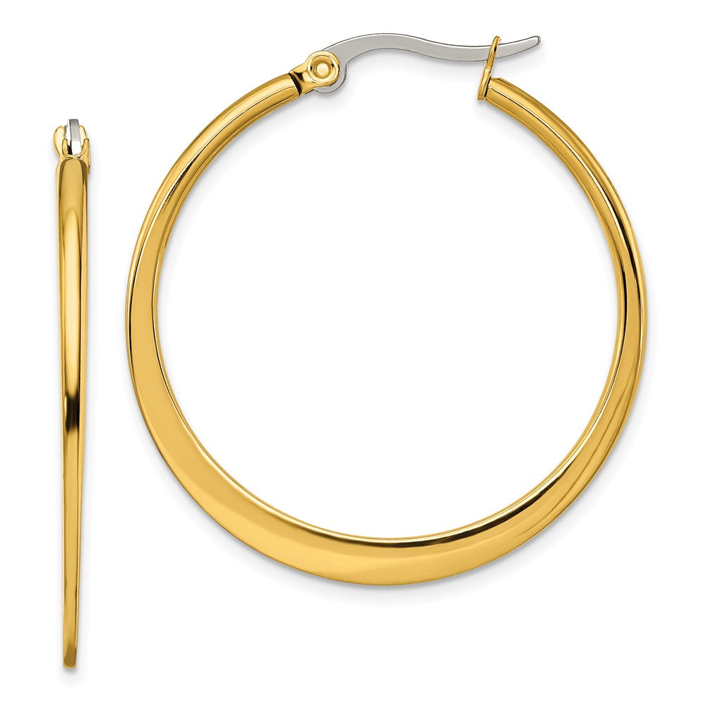 SRE572 Chisel Stainless Steel Polished Yellow IP-plated Tapered 34mm Diameter Hoop Earrings