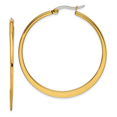 SRE573 Chisel Stainless Steel Polished Yellow IP-plated Tapered 43mm Diameter Hoop Earrings