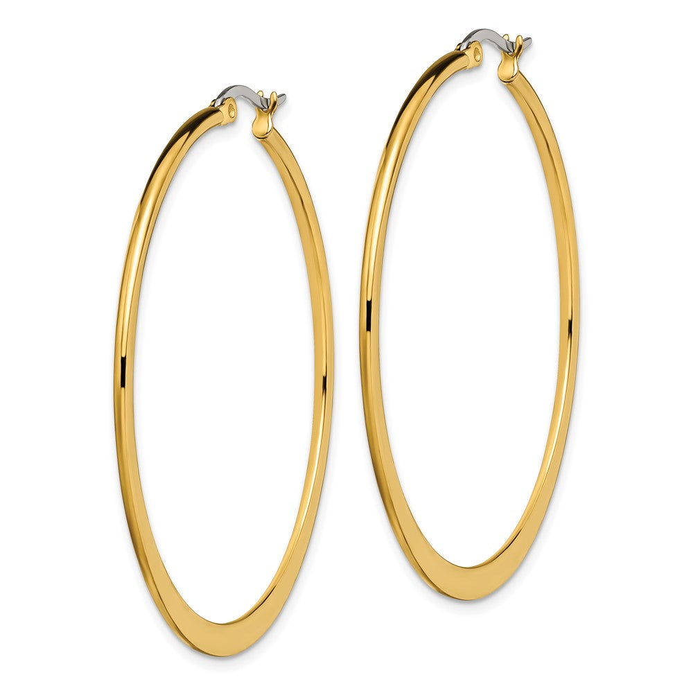 SRE574 Chisel Stainless Steel Polished Yellow IP-plated Tapered 50mm Diameter Hoop Earrings