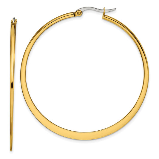 SRE574 Chisel Stainless Steel Polished Yellow IP-plated Tapered 50mm Diameter Hoop Earrings