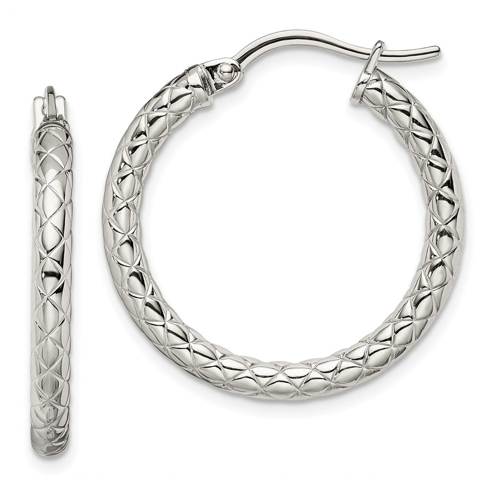 SRE615 Chisel Stainless Steel Polished and Textured Hollow Hoop Earrings