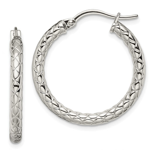 SRE615 Chisel Stainless Steel Polished and Textured Hollow Hoop Earrings