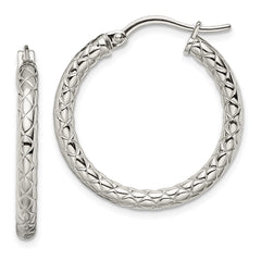 SRE615 Chisel Stainless Steel Polished and Textured Hollow Hoop Earrings