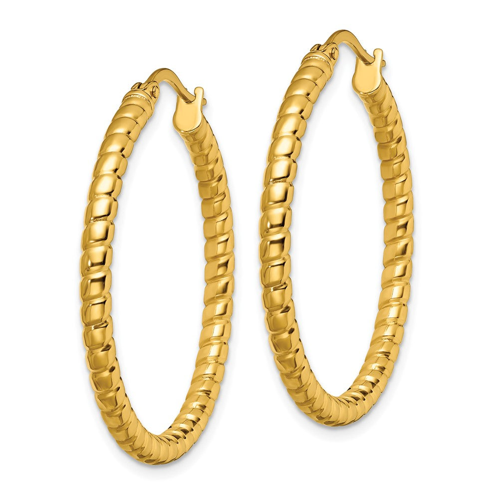 SRE648 Chisel Stainless Steel Polished and Textured Yellow IP-plated Hollow Hoop Earrings