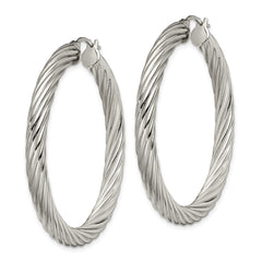 SRE655 Chisel Stainless Steel Polished and Textured Hollow Hoop Earrings